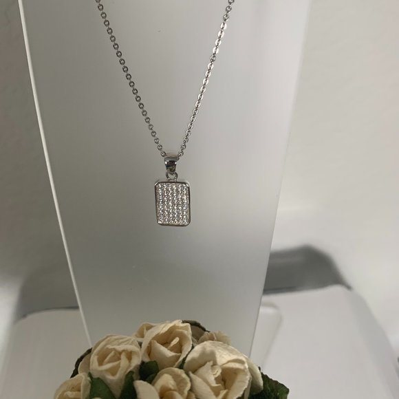 NEW Silver Tone Pave Set Rectangular Cubic Zirconia CZ Pendant + Chain - Picture 1 of 4